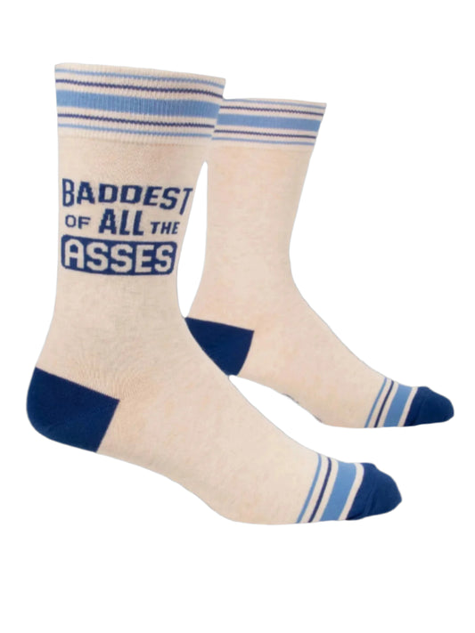 Blue Q men's crew socks. White with blue stripes and featuring a slogan on the side leg stating "Baddest of all asses"