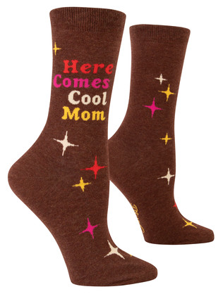 Side profile of Blue  brown women's socks with various twinkle star patterns  and side caption that reads: Here comes cool mom