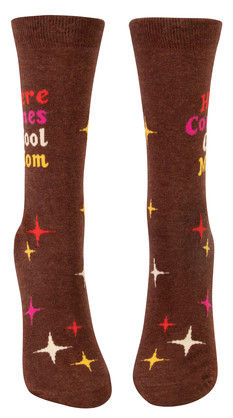 Front view of Blue  brown women's socks with various twinkle star patterns  and side caption that reads: Here comes cool mom on a white background.