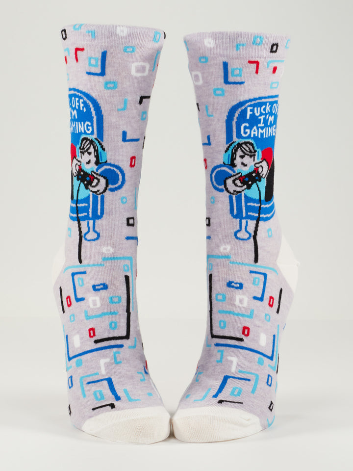 Blue Q witty socks with slogan: Fuck off, I'm gaming
