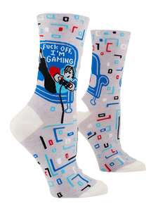 Blue Q witty socks with slogan: Fuck off, I'm gaming