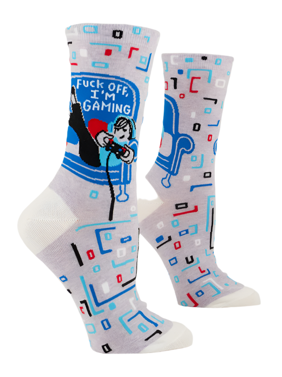 Blue Q witty socks with slogan: Fuck off, I'm gaming