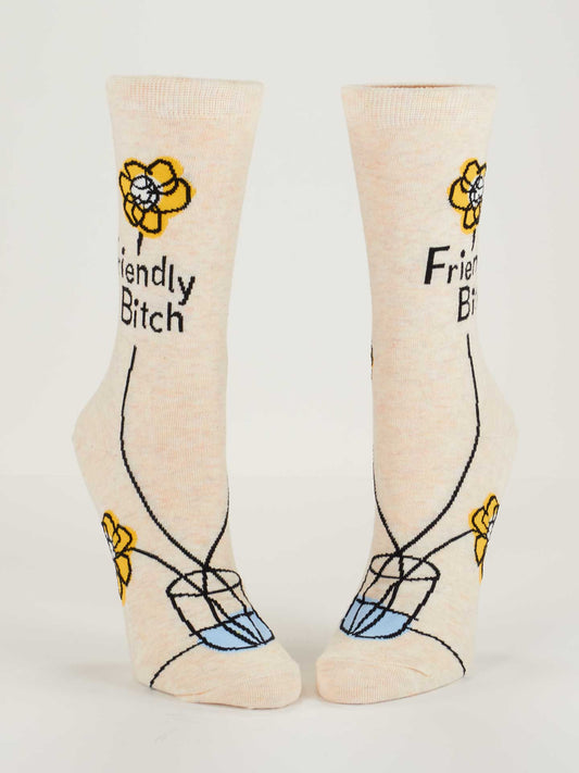 Front view a pair of Friendly bitch socks on a white bacground