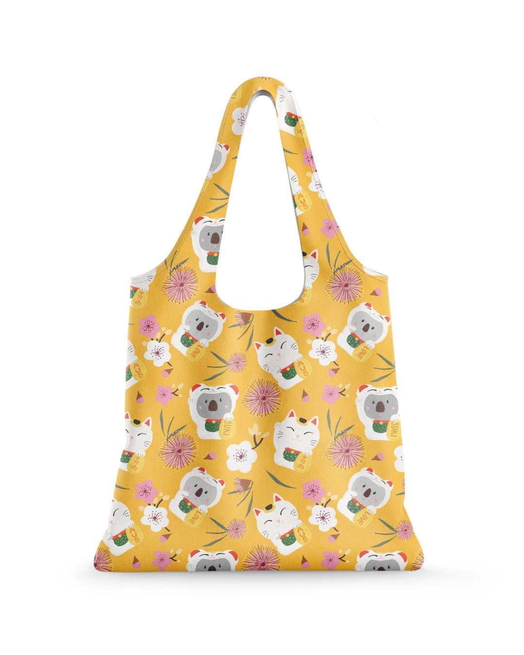 A yellow shopping bag featuring lucky cats and koalas on a white background.