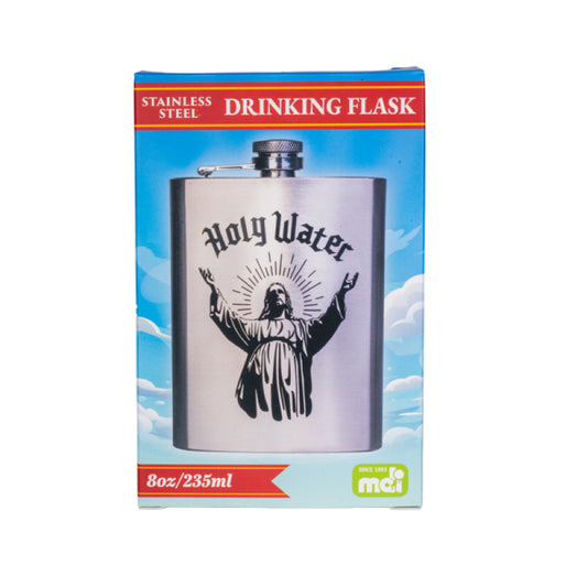 Stainless steel 'Holy Water' drinking flask in packaging with blue sky background