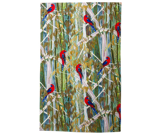 Patterned fabric with red  Rosella birds on a branch design