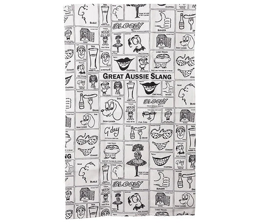 Great Aussie Slang tea towel, in black and white comic strip style.Pictures of Aussie slang terms and translation.