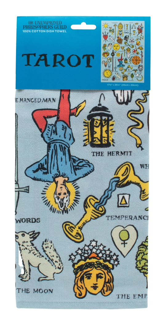 A folded blue tea towel with a blue header card , text reads: TAROT on white background.