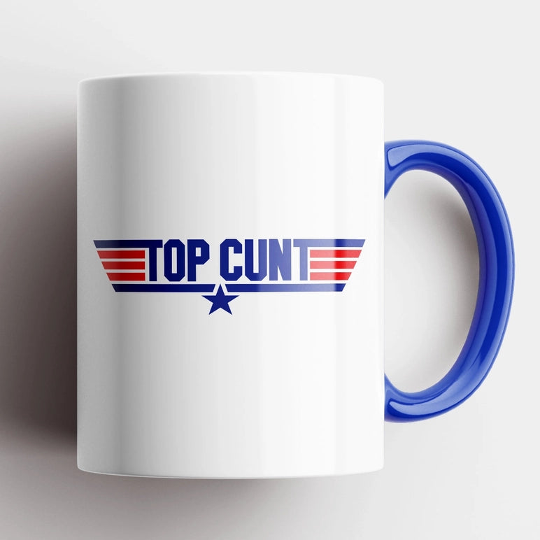 White mug with blue handle featuring a graphic design on a white background