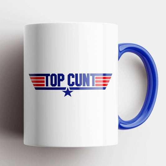 White mug with blue handle featuring a graphic design on a white background