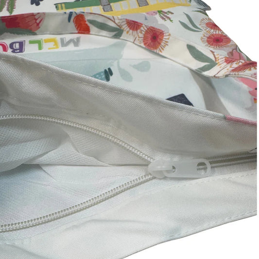 Close-up of a white zipper on a floral-patterned fabric background