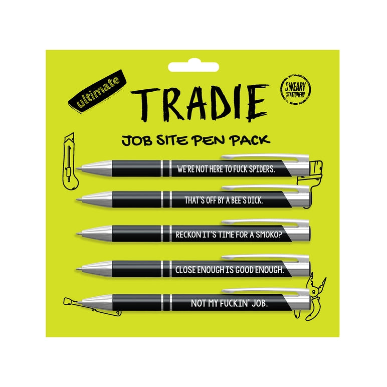 Pack of pens with humorous sayings on a yellow background, branded as 'Tradie'.