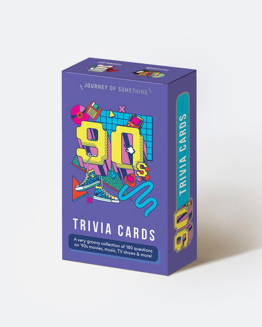 Purple box , text reads: 90's Trivia cards on a white background.