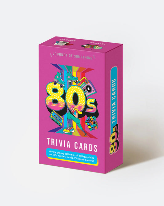 Box of 80s Trivia Cards with colorful design on a white background