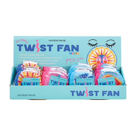 Box of Twist Fans with colorful designs on a white background