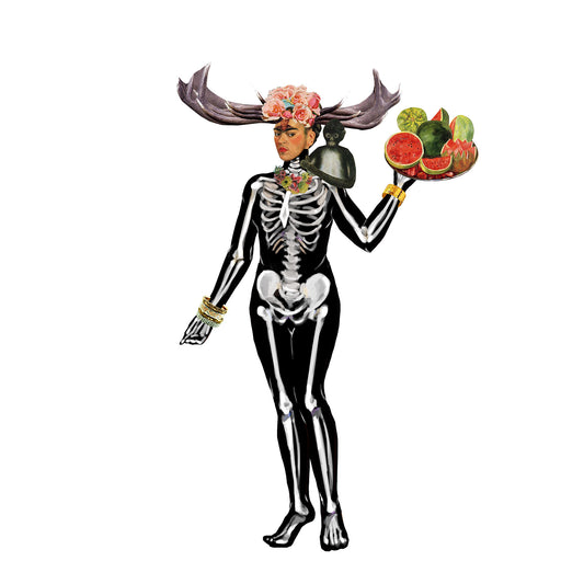 Frida Kahlo Magnetic Dress Up by The Unemployed Philosophers Guild, she is dressed in a skeleton costume holding a bowl of watermelons. A monkey sits on her shoulder , she has a floral headband and antlers. She is placed on a white background.
