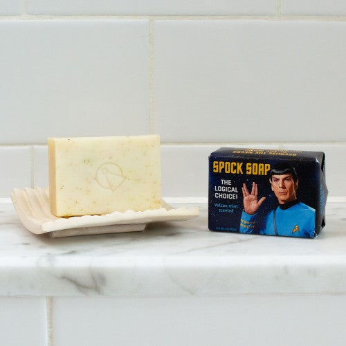 Spock soap by The Unemployed Philosophers Guild placed on a bathroom marble ledge.