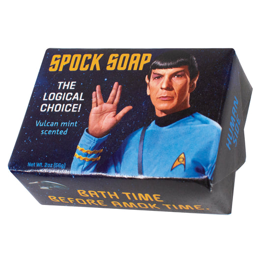 A blue bar of Spock soap by The Unemployed Philosophers Guild on a white background.