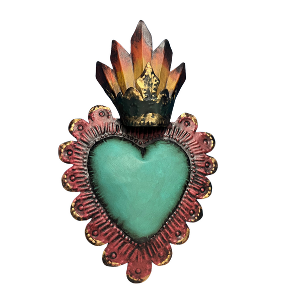Mexican rust tin wall decoration- Turquoise heart with crown (24x15cm)