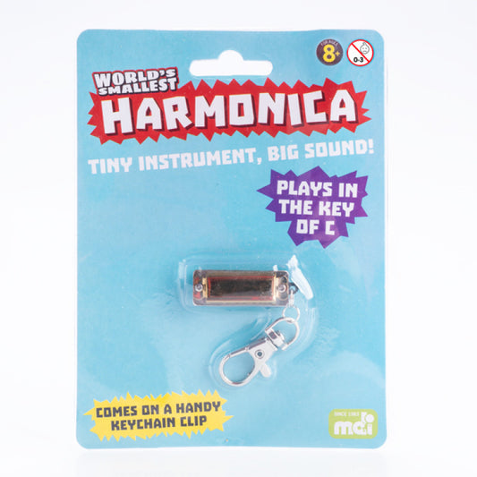 A blue package featuring the World's smallest harmonica with keyring