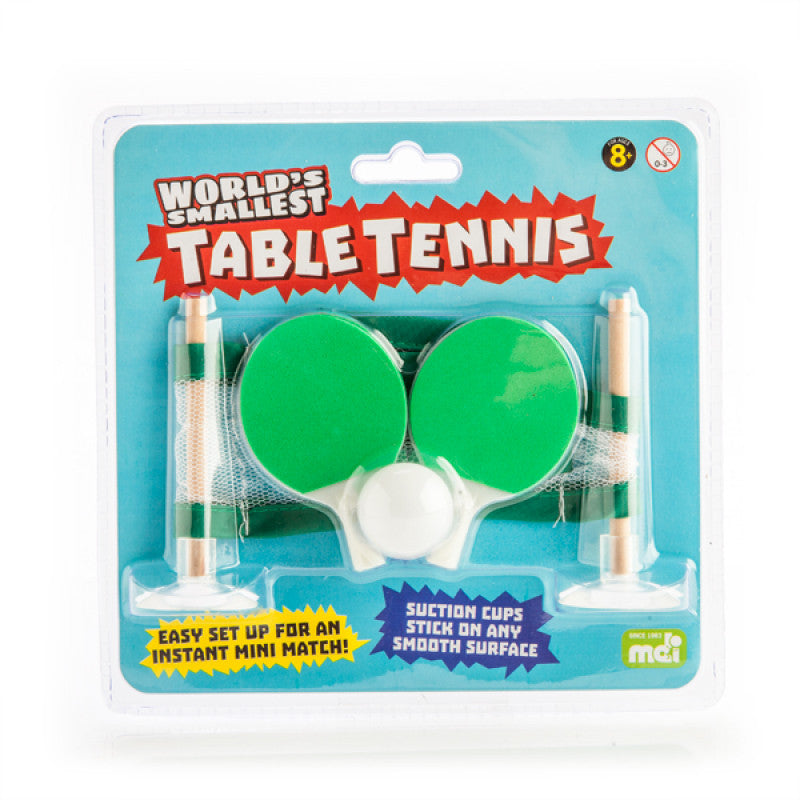 World's Smallest Table Tennis set in packaging with green paddles and a white ball.