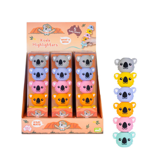 A box displaying Koala Highlighters and a stack of koala highlighters on a white background.
