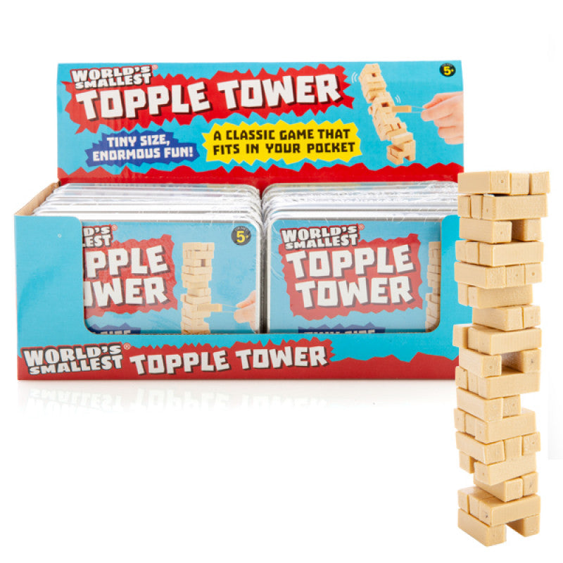 World's Smallest Topple Tower game with packaging and wooden blocks on a white background