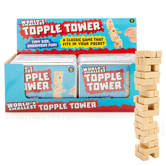 World's Smallest Topple Tower game with packaging and wooden blocks on a white background