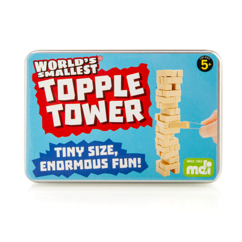 World's Smallest Topple Tower packaging with wooden blocks and a hand, on a white background.
