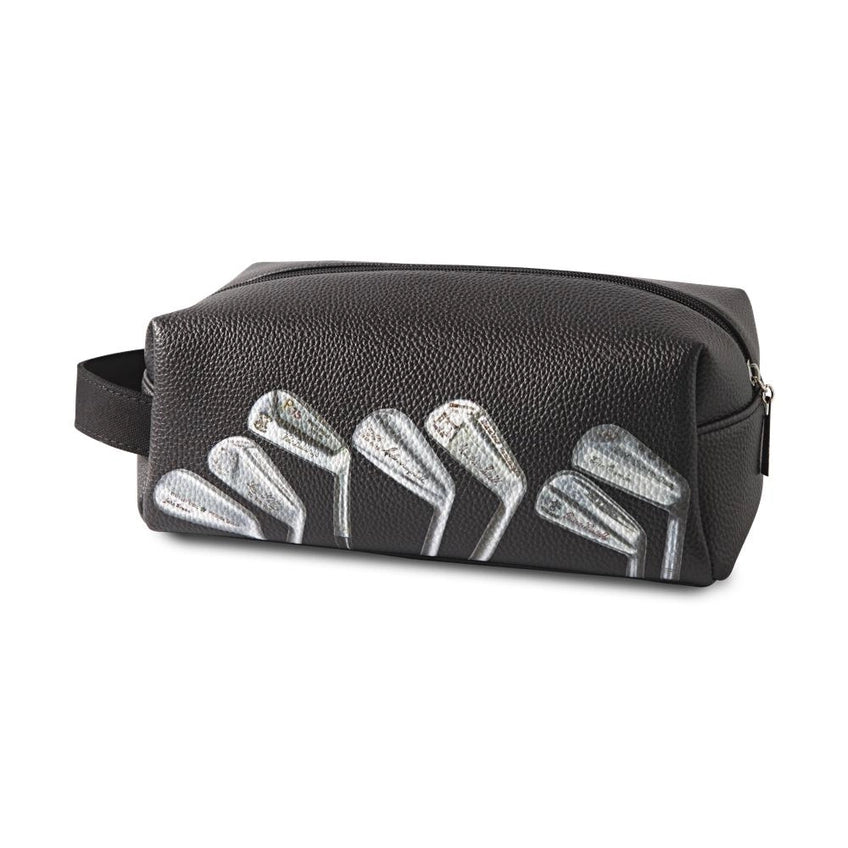 Black leather pouch with golf club design on a white background