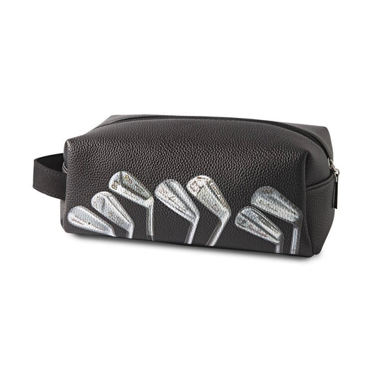 Black leather pouch with golf club design on a white background