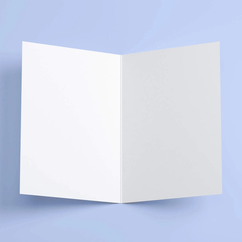 White greeting card on a light blue background