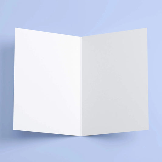 White greeting card on a light blue background