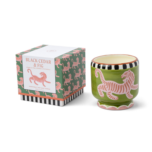 Candle- Adopo Handpainted Tiger Black Cedar & Fig 8oz