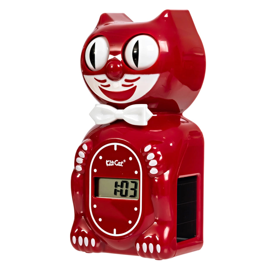 Red cat-shaped digital clock with a white bow tie on a white background