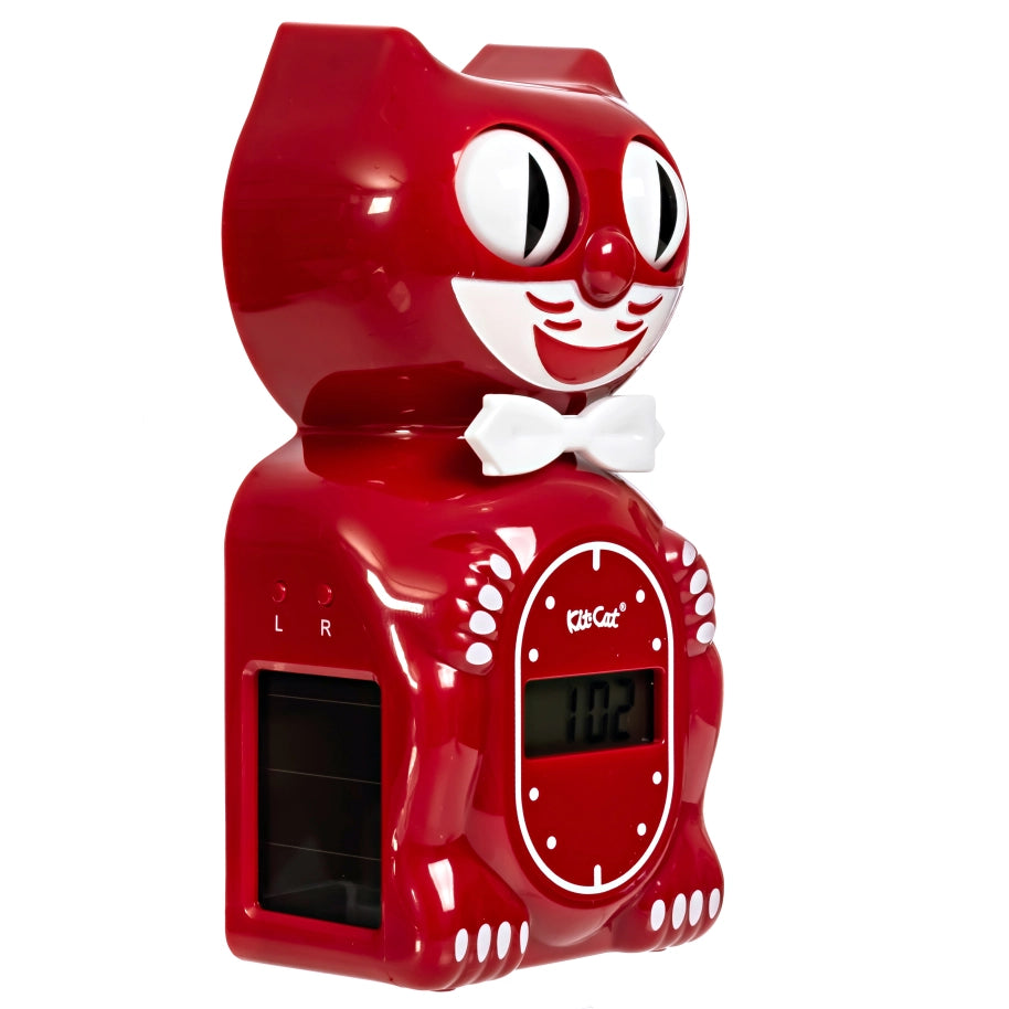 Red cat-shaped clock with a digital display on a white background