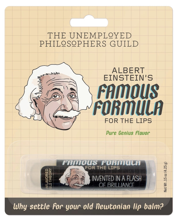 Lip balm packaging with Albert Einstein's face and humorous text on a beige background