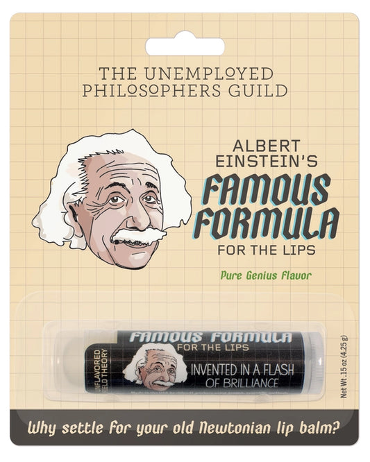 Lip balm packaging with Albert Einstein's face and humorous text on a beige background