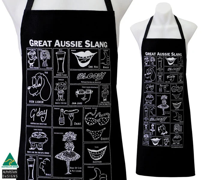 Two Great Aussie slang black aprons on a white background