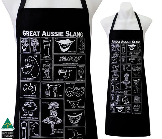 Two Great Aussie slang black aprons on a white background