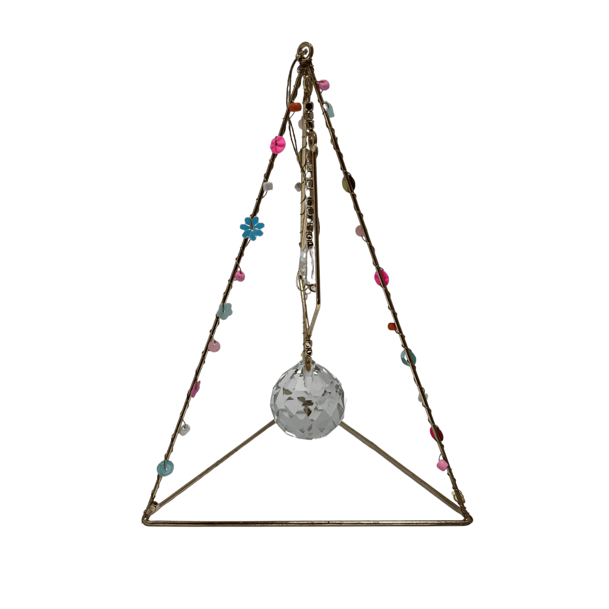 Wire  pyramid shaped and free-standing suncatcher. A large crystal hangs in the middle. Hand made in India.