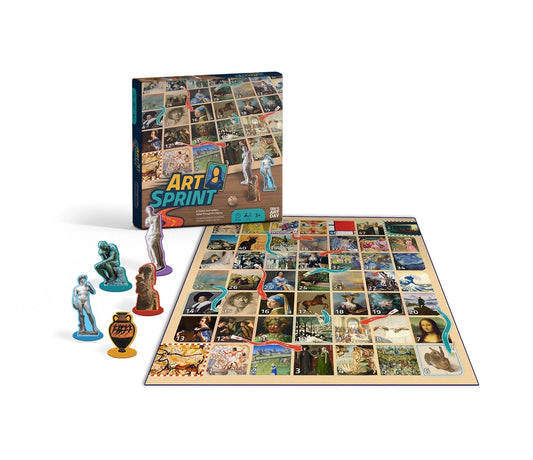 Art Sprint board game set displayed on a white background, including the game box, a large board printed with many artwork tiles, and several player tokens and dice.