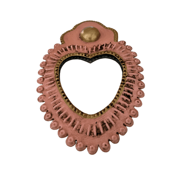 Mexican mini pink heart mirror with button details(20x13cm)