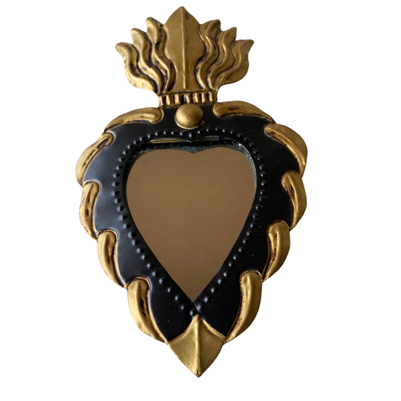 Mexican mini mirror- NavyBlack and gold  tin heart (24x13cm)