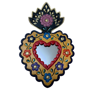 Mexican wall mirror- Tin heart embossed flowers and mirror, with a hanging loop on the reverse.