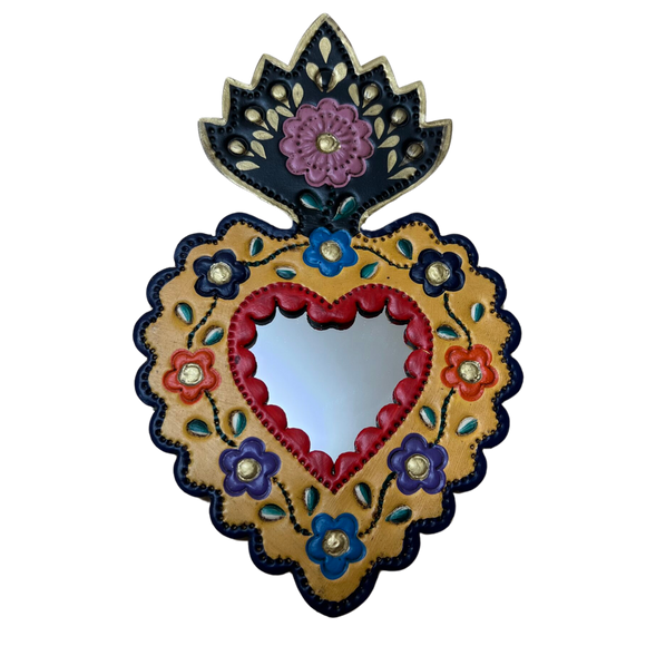 Mexican wall mirror- Tin heart embossed flowers and mirror, with a hanging loop on the reverse.