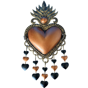 Mexican wall hanging- Peach tin heart with dangling small hearts