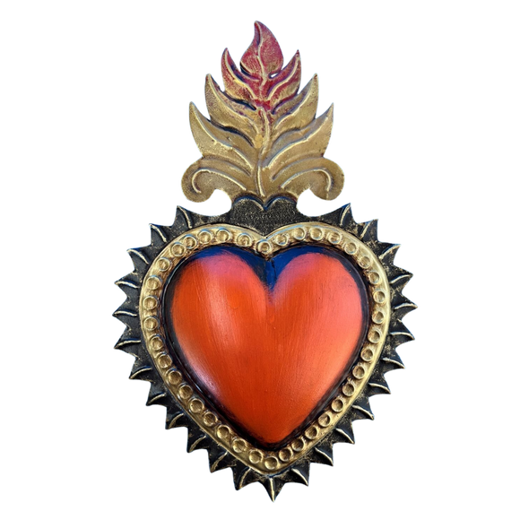 Mexican wall decoration- Orange burst heart with gold flame