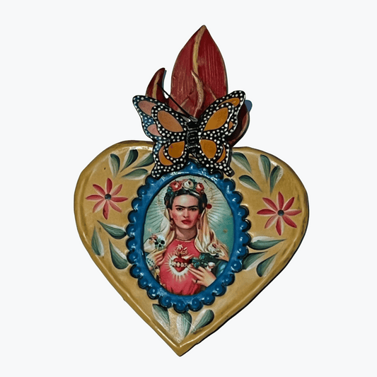 Mexican wall decor- Yellow tin heart with painterly floral pattern. Frida Kahlo central motif with butterfly  on a white background.
