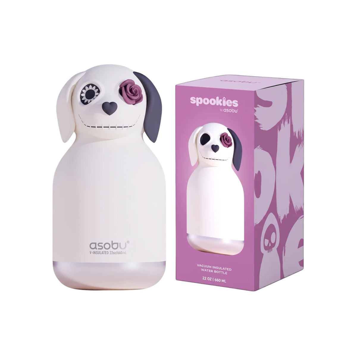 A doggy shaped drink bottle near a pink box that has text: Spookies on a white background.